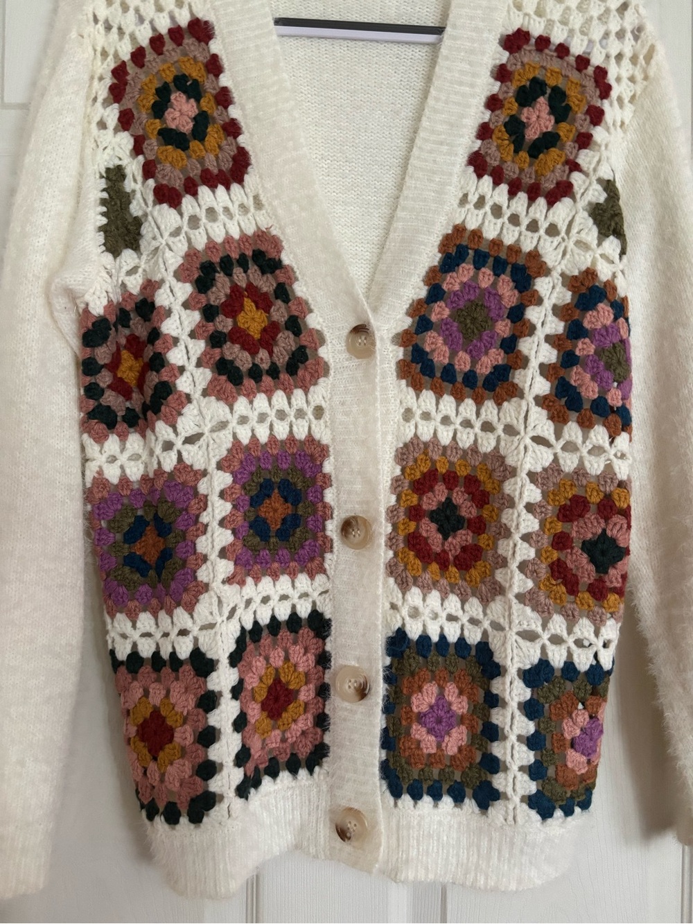 Dress Up Boutique Boho Cream Crochet Granny Square Cardigan Sweater